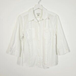 Christopher & Banks White Cotton Cropped Sleeve Button Down Shirt